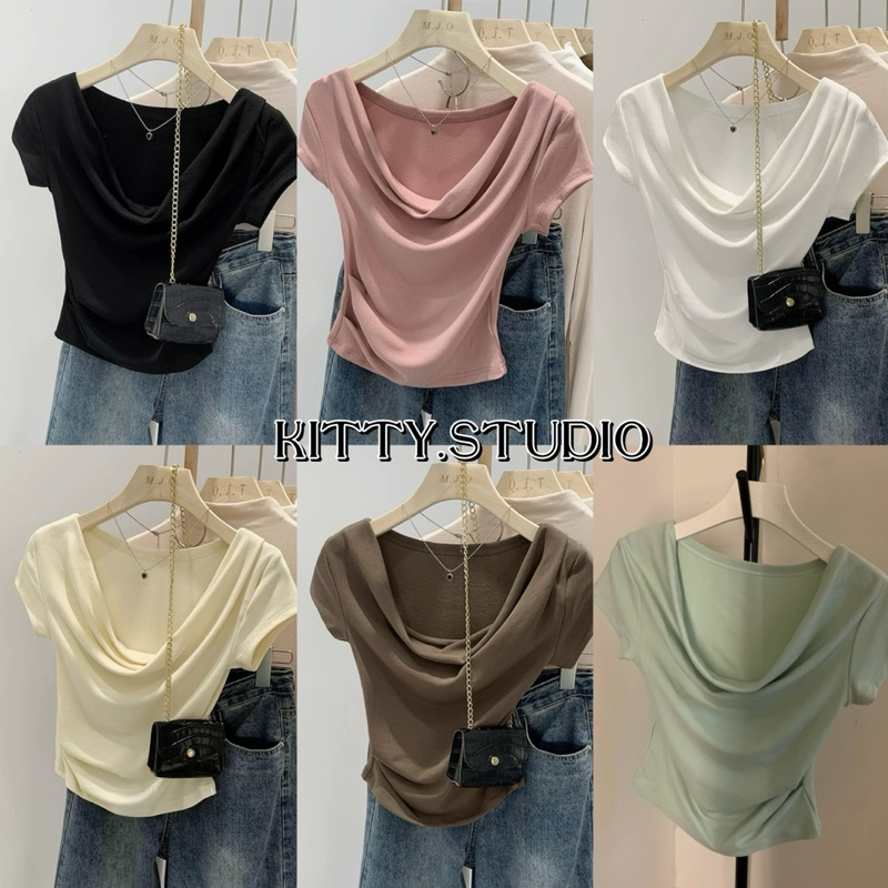 Kitty.พร้อมส่งกทม. เสื้อครอปผู้หญิงแขนสั้น เสื้อยืดปาดไหล่ คอวี เสื้อเซ็กซี่แฟชั่น แต่งตัวง่าย สไตล์เกาหลี