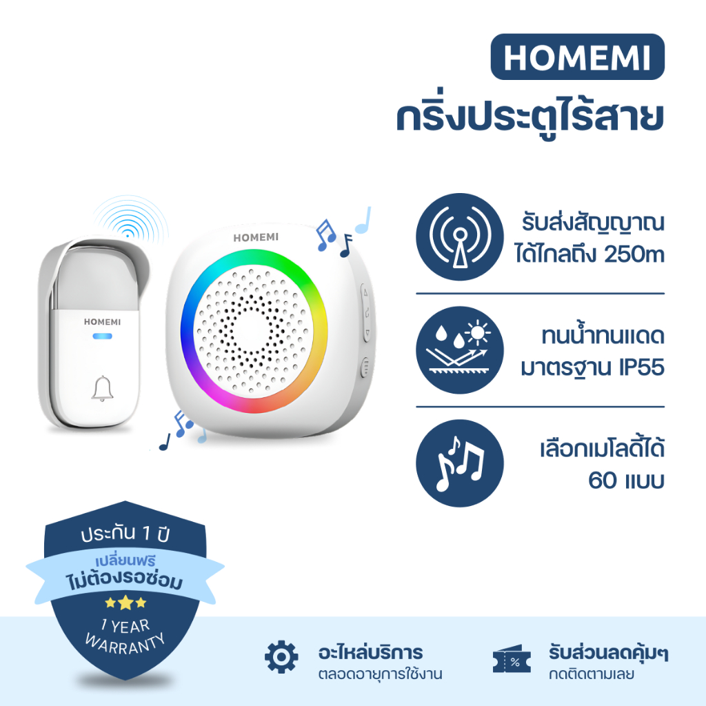 Homemi กริ่งไร้สาย ไร้สายไม่ต้องใช้ถ่าน ไม่ต้องเสียบปลั๊ก ทนแดด ทนน้ำ ปรับเสียงได้ 60 แบบ (HM0059-P-WH)