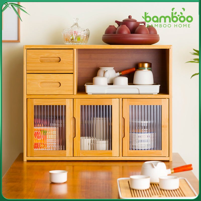 ตู้เก็บของ ตู้ไม้เก็บอุปกรณ์ชงกาแฟแบบตั้งโต๊ะ ตู้เก็บของบานอะคริลิค ผลิตภัณฑ์ที่ทำจากไม้ไผ่คุณภาพสูง