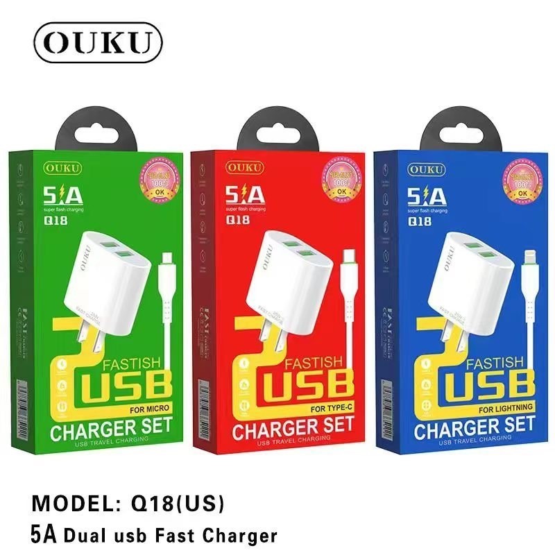 【Sale】OUKU Q18 หัวชาร์จ ชุดชาร์จ 2 USB 5A ชาร์จเร็ว For หัวชาร์จ/Micro/Type-C/L