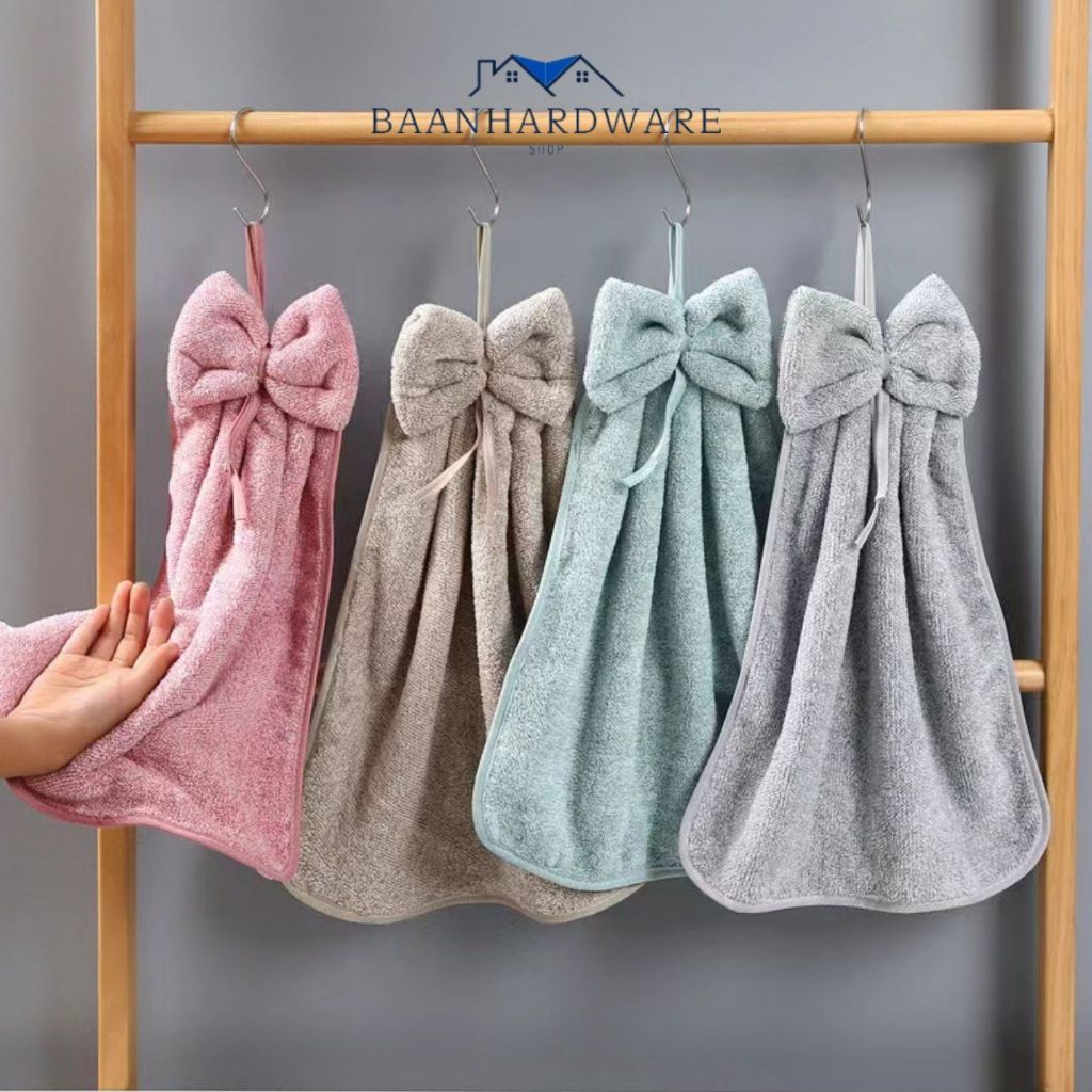 BAANHARDWARE ผ้าเช็ดมือขนนุ่มโบว์ แบบแขวน ผ้านุ่ม​ ซับน้ำได้ดี​ แขวนในห้องน้ำ​ หรือห้องครัว ER-E036