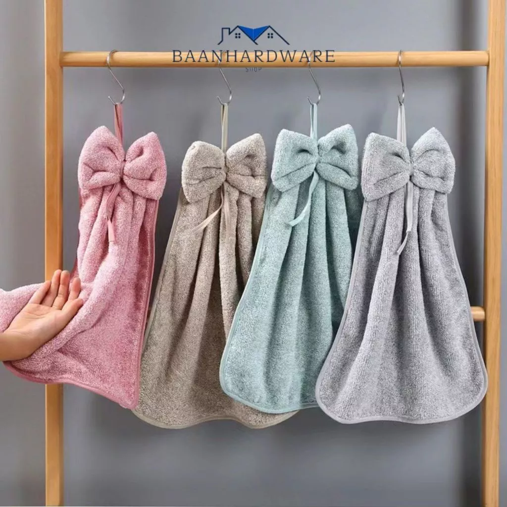 BAANHARDWARE ผ้าเช็ดมือขนนุ่มโบว์ แบบแขวน ผ้านุ่ม ซับน้ำได้ดี แขวนในห้องน้ำ หรือห้องครัว ER-E036