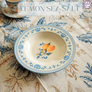 Violet Flamingo จานเซรามิครุ่น Lemon Sea Salt จานลายเลมอนสีเหลืองและฟ้า เข้าไมโครเวฟได้
