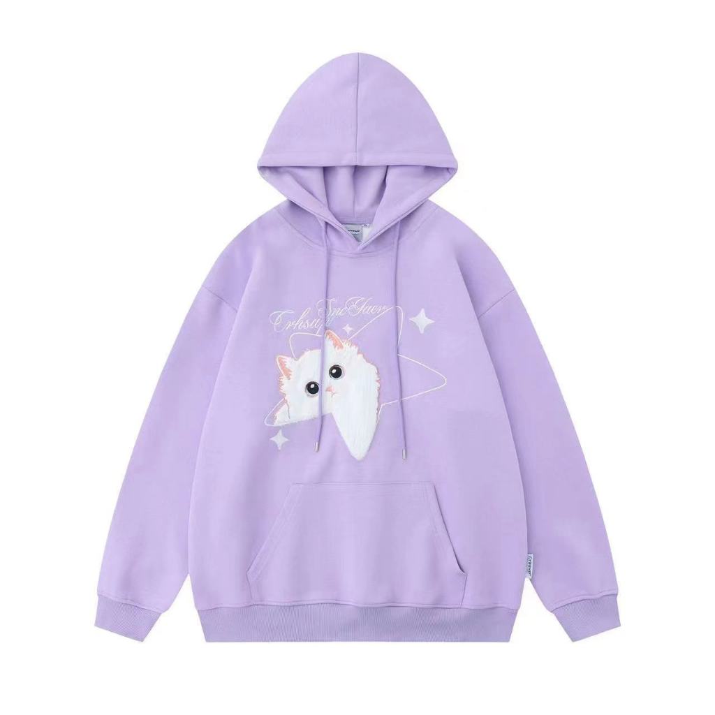 เสื้อฮู้ดกันหนาว แบบสวม ผ้าสำลี ลายแมว น่ารัก สไตส์เกาหลี