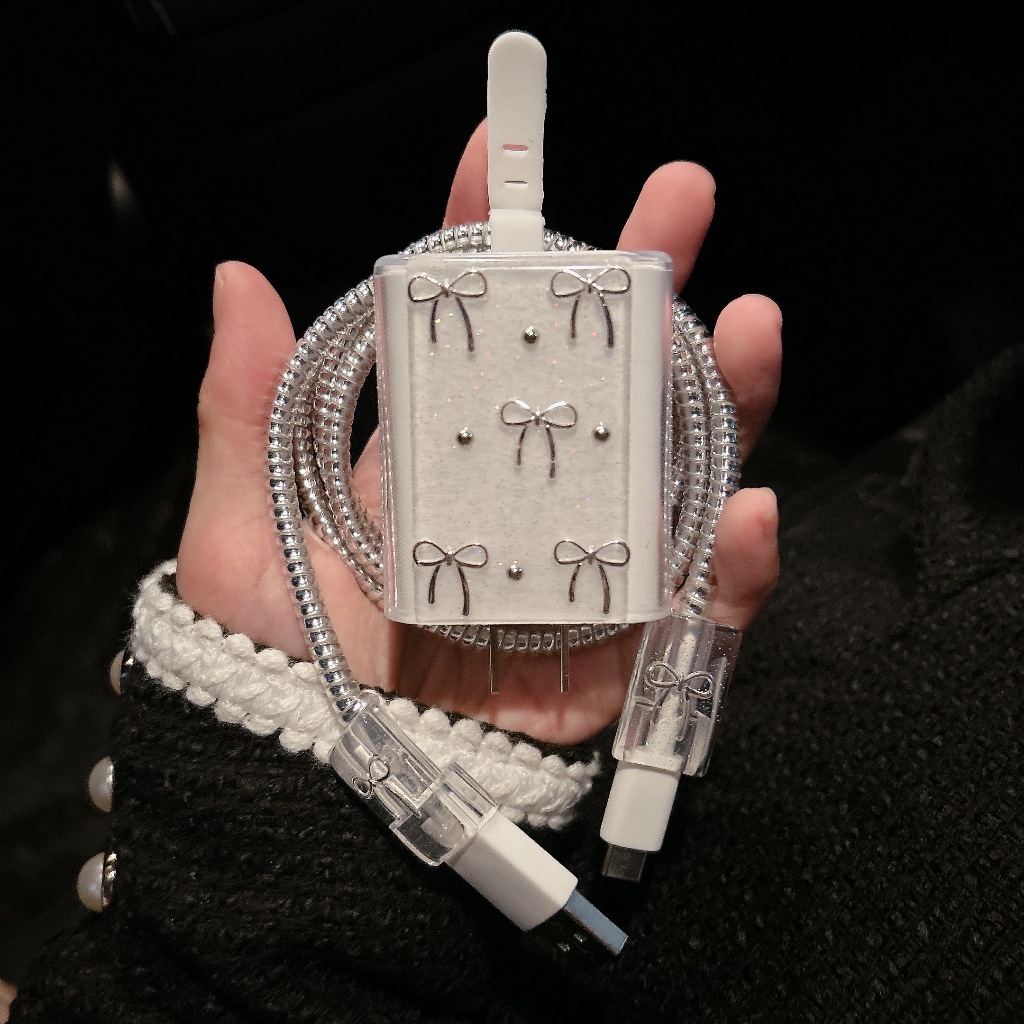 พร้อมส่งจากไทย โบว์เงิน ชุดพันสาย เคสหัวชาร์จ ลายการ์ตูน ตัวถนอมสาย USB oppo 80w 67w vivo33w 44w ถนอมสายชาร์จ - รูปที่ 3