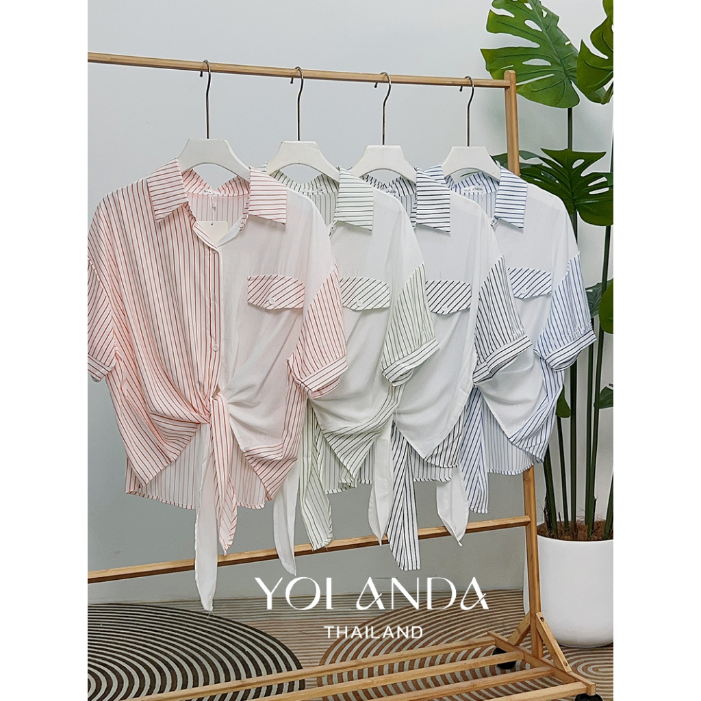 Yolanda เสื้อเชิ้ตคอปก แขนสั้น ผ้าโพลีเอสเตอร์ นุ่มลื่นๆ Lady เสื้อเชิ้ต กระดุมจริง เสื้อเชิ้ตแฟชั่น สไตล์เกาหลี FF1017