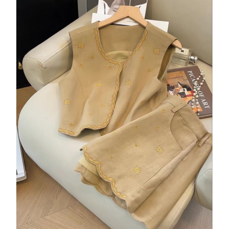 ชุดเซ็ทผ้าฝ้ายปัก เสื้อ+กางเกง นำเข้าสไตล์เกาหลี