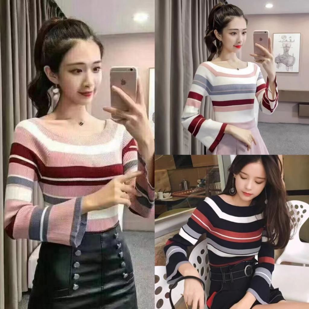 เสื้อไหมพรมแขนยาวใส่เข้ารูปทรงแขนระบายสไตล์แฟชั่น