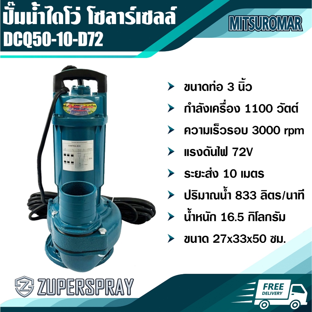 ปั๊มน้ำ ไดโว่ โซล่าเซลล์ ZRM 3 นิ้ว DCQ50-10-D72/1100