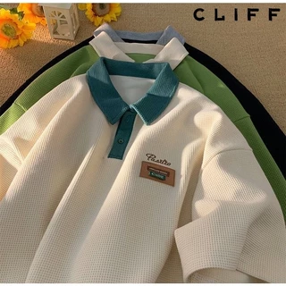 CLIFF -COD✅เสื้อโปโลผู้ชาย ปกเสื้อสีผสม เรียบง่าย แมทช์ลุคง่าย ชุดคู่รัก แขนสั้นสำหรับผู้หญิง วาฟเฟิล