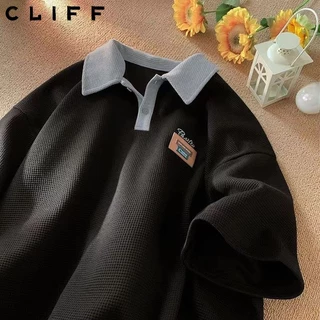 CLIFF -COD✅เสื้อโปโลผู้ชาย ปกเสื้อสีผสม เรียบง่าย แมทช์ลุคง่าย ชุดคู่รัก แขนสั้นสำหรับผู้หญิง วาฟเฟิล