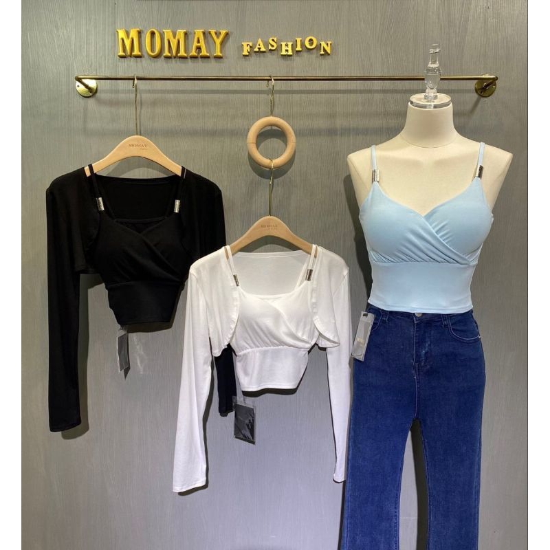 งานป้าย MOMAY(โมเม) งานเซต 2 ชิ้น ดูดีมากค่า ดีเทลแน่นสุด เสื้อสายเดี่ยวทรงไขว้อกเสริมฟองน้ำดูม