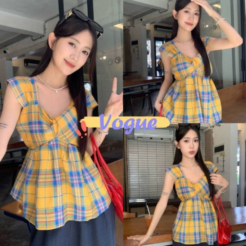 Vogue พร้อมส่ง เสื้อกล้ามไหมพรม ลายสก็อตสีเหลือง ยืดตามตัว (8K136)