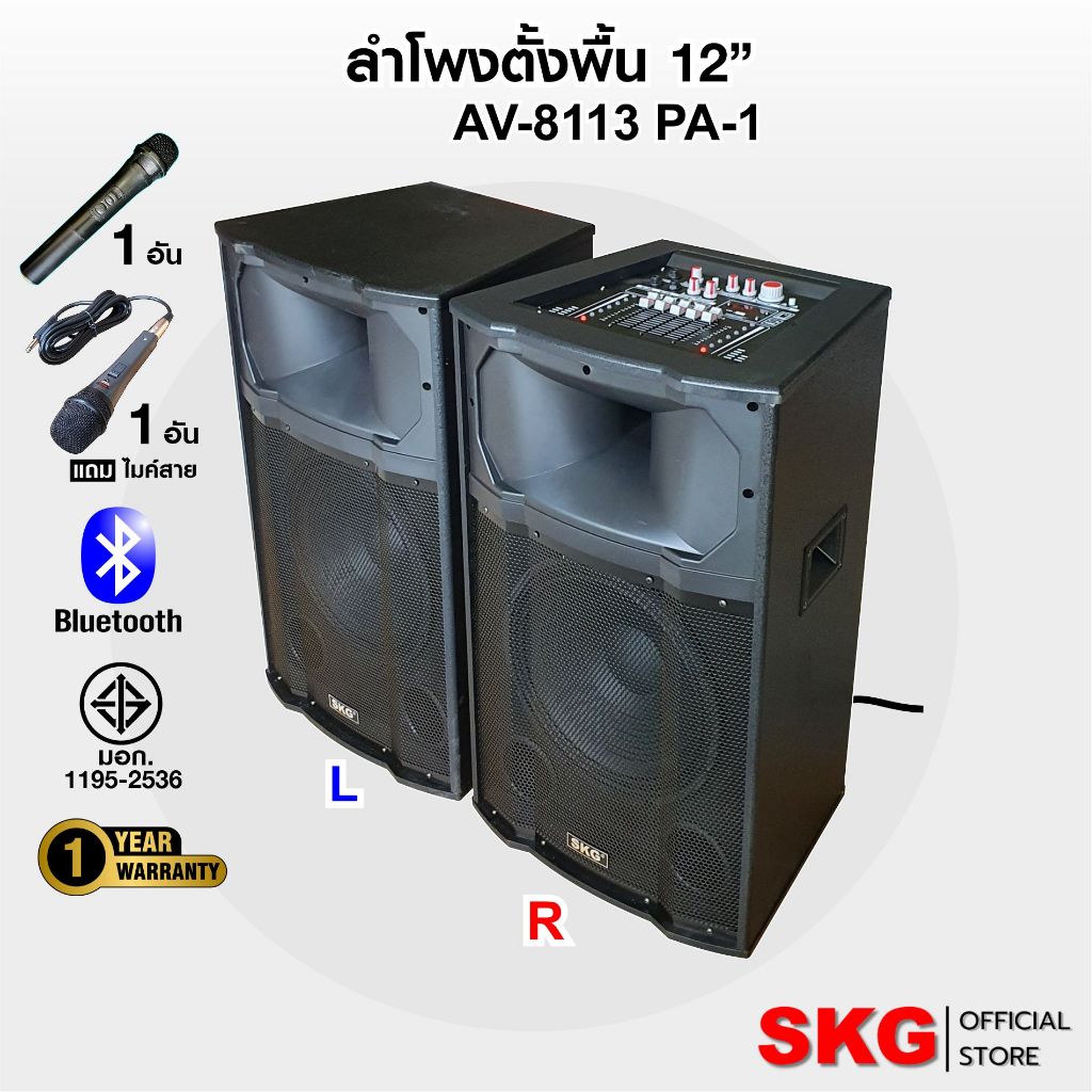 SKG ลำโพงตั้งพื้น ลำโพงขนาด 12 นิ้ว 100W RMS เบสแน่นๆ รุ่น AV-8113 PA -1 (สีดำ) ขายเป็นคู่ ซ้าย-ขวา