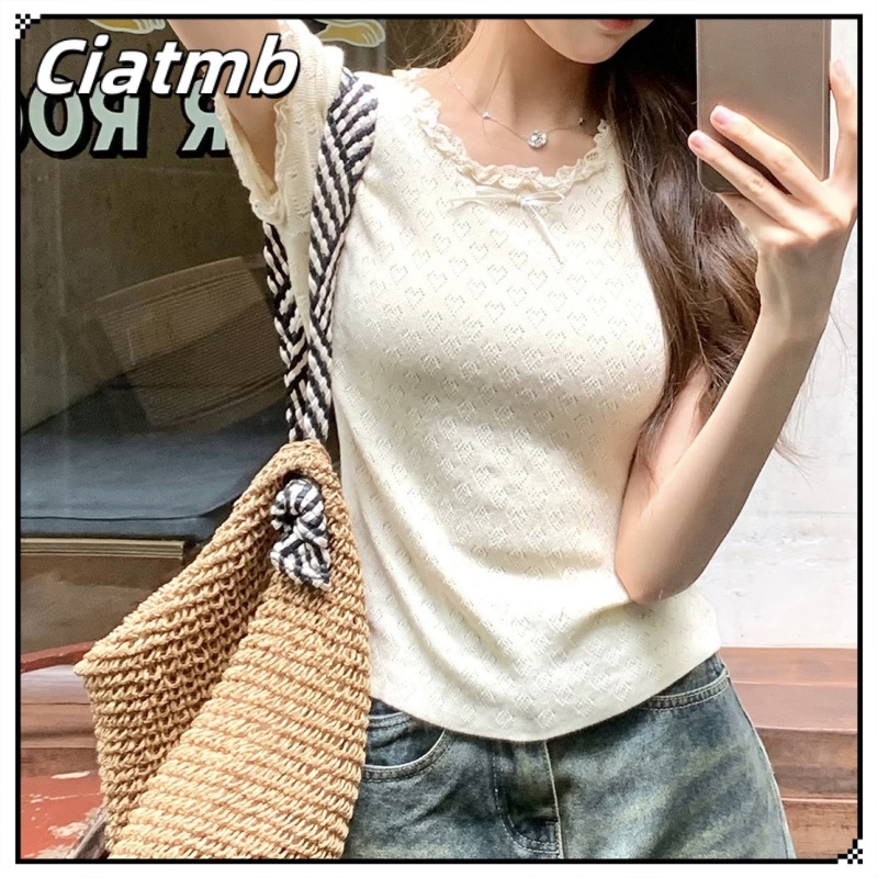 Ciatmb เสื้อยืดคอกลมแขนสั้นผู้หญิงสไตล์เกาหลีเรียบง่ายผู้หญิงฤดูร้อนหวานแขนสั้นผู้หญิงเสื้อยืดสีทึบ