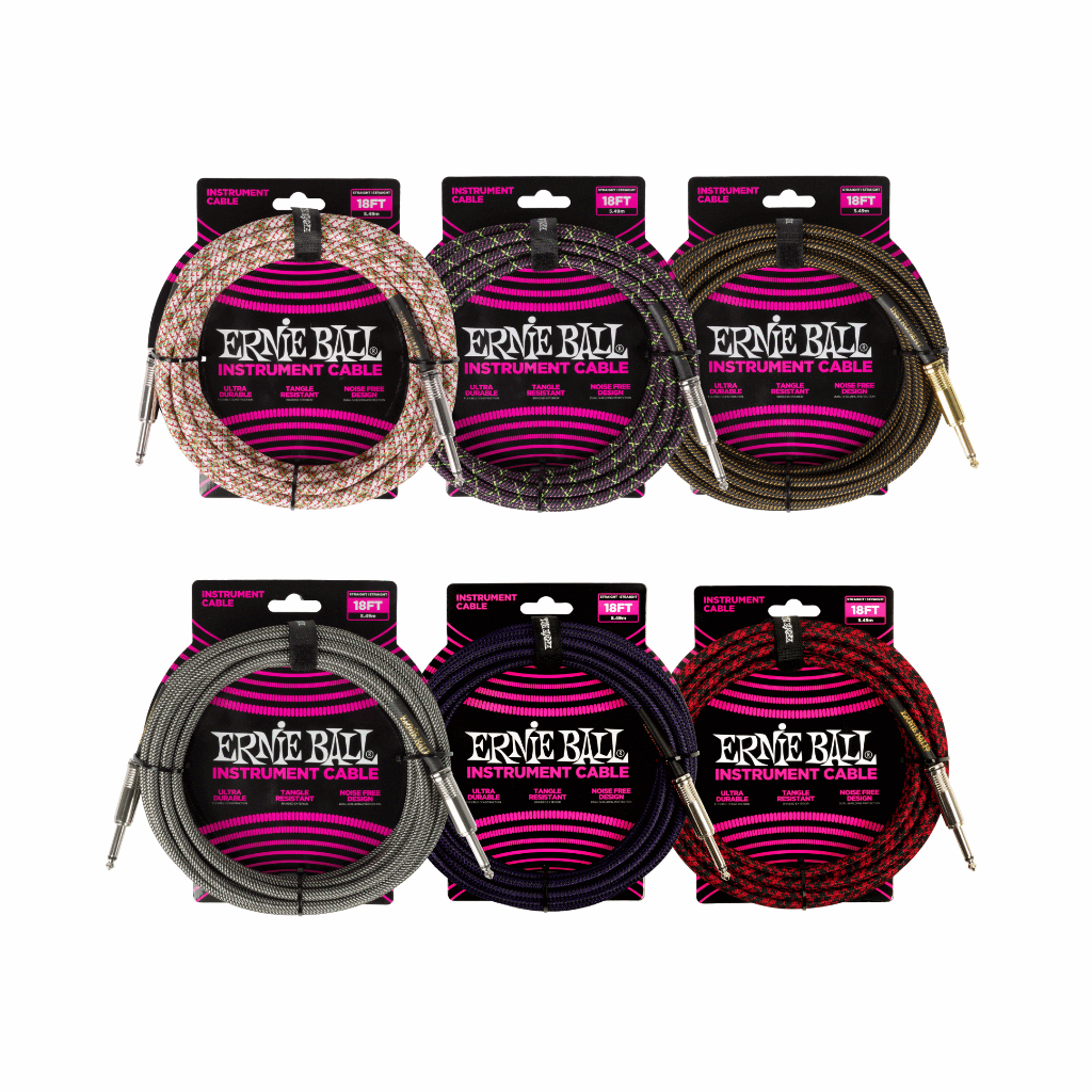 สายสัญญาณเครื่องดนตรี Ernie Ball Braided หัวตรง/ตรง ความยาว 18ft (5.49m) | สายแจ็คกีตาร์