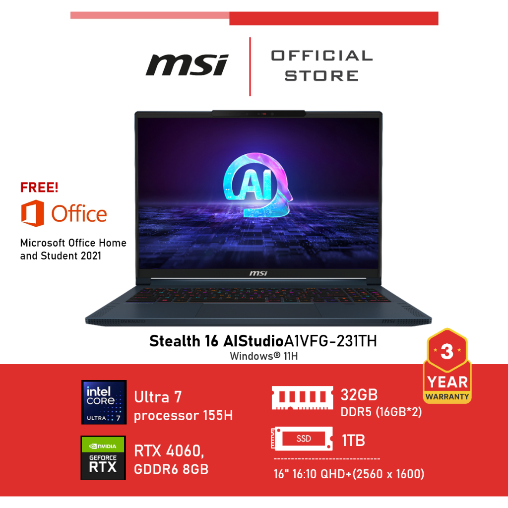 MSI Stealth 16 AIStudioA1VFG-231TH (RTX 4060, GDDR6 8GB) Laptop, Notebook