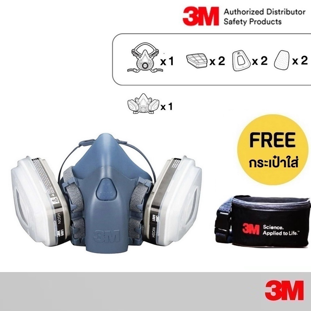 3M หน้ากากกันสารเคมี 7501 7502 7503 พร้อมตลับกรอง 6001, 2ฟิลเตอร์ 5N11, 2ฝาครอบ 7 Pieces Set Including 3M 6001 Cartridge