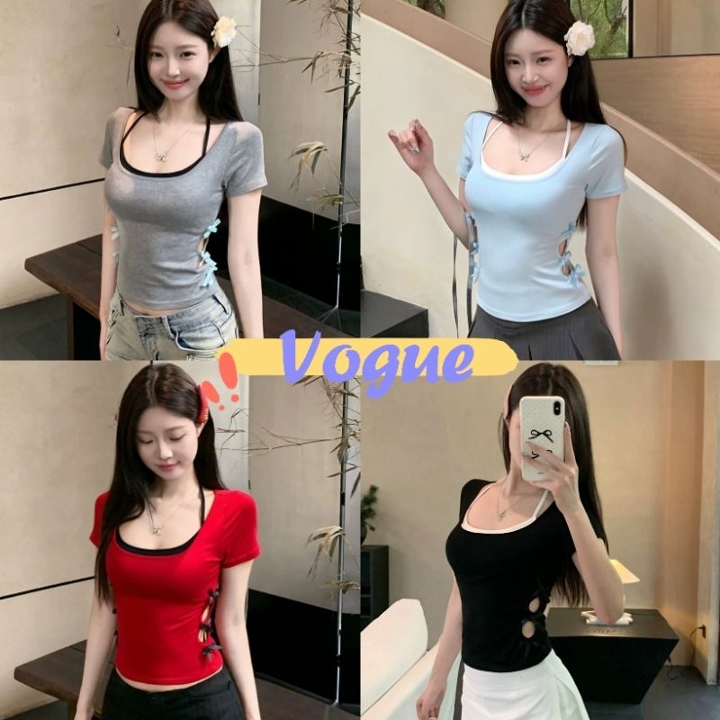 Vogue พร้อมส่ง เสื้อคอกลมแขนสั้นปลอมสองชิ้น เสื้อยืดคอกลมแขนสั้น รายละเอียดเอว (FYQ5120)