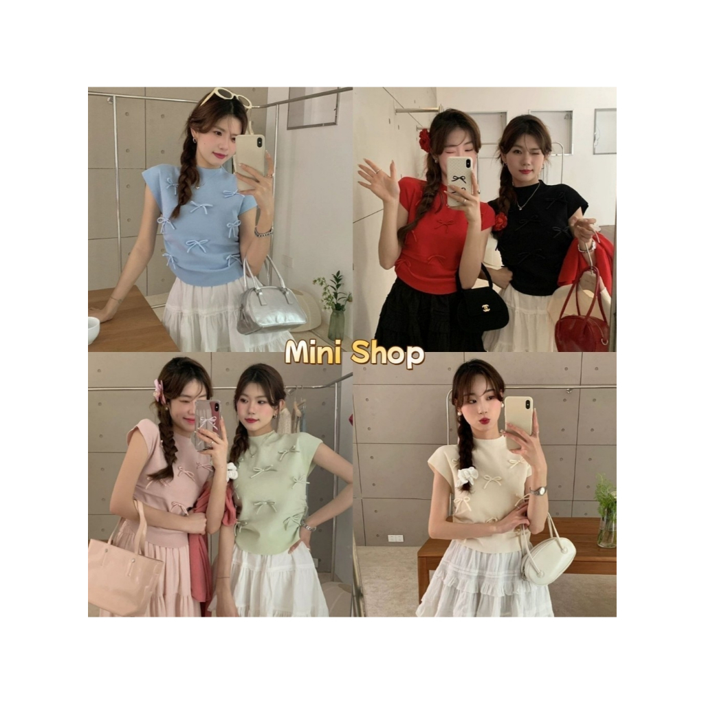Mini shop พร้อมส่ง (E321)เสื้อยืดไหมพรม คอกลม 5สี เสื้อโบว์ เสื้อแฟชั่น สไตล์เกาหลี