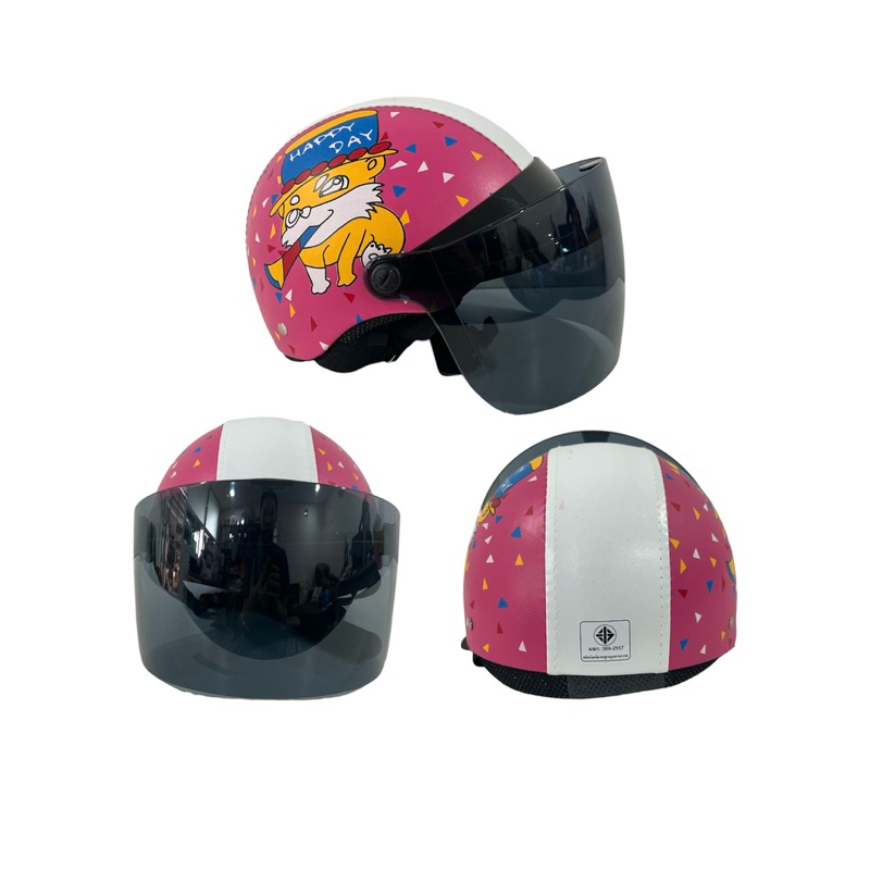 หมวกกันน็อคเด็ก ลายการ์ตูนน่ารัก หลายลาย มี มอก. 369-2557 ขนาดรอบหัว 52-56 ซม. กระจกหน้าสีชา กันแดด ปรับสายรัดใต้คางได้