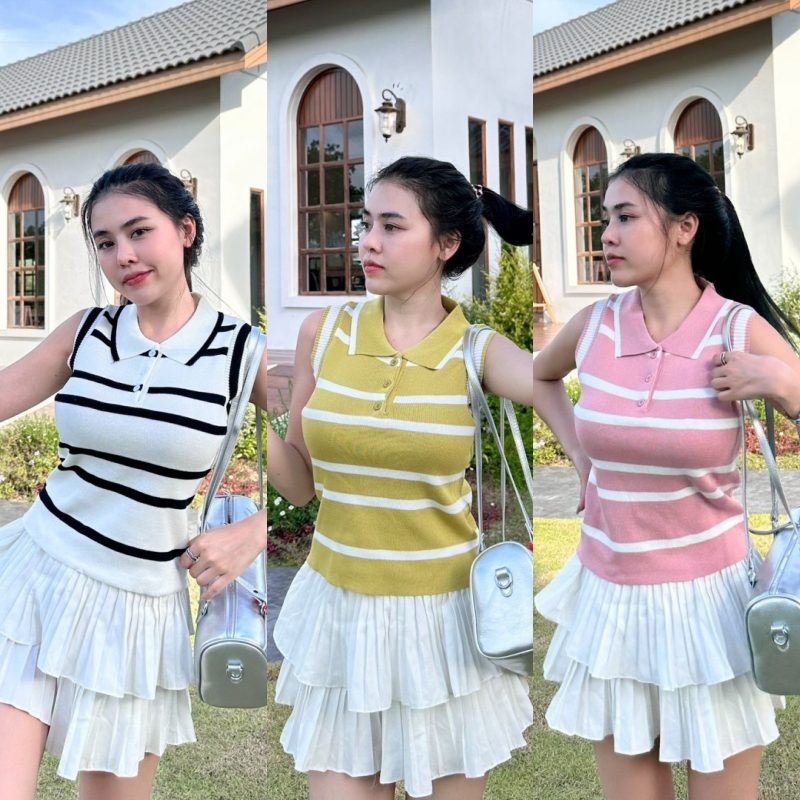 เสื้อแขนกุด ผ้าไหมพรม ผ้าทอลายเส้นตัดแถบสี 🫧 คอปกโปโล กระดุมใช้งานได้จริง เรียบหรูน่ารัก สาวอวบใส่ได้ รุ่น ธรรมมะ