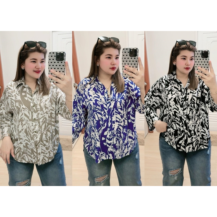 E57 เชิ้ตคอปกลายใบไม้แขนยาว