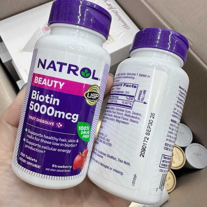 🇺🇸New Packaging!!!!!!  NATROL Biotin Beauty ขนาด 5,000 mcg Fast Dissolve 1 กระปุก = 250 เม็ด