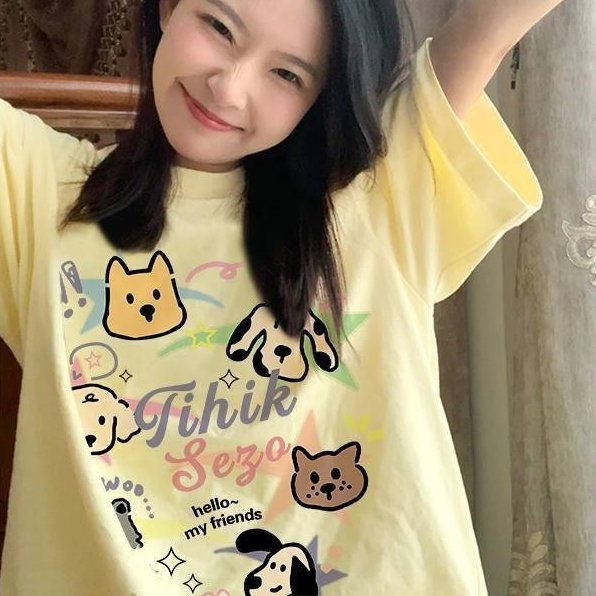 Y-T เสื้อยืดโอเวอร์ไซส์ เสื้อแขนสั้น เสื้อยืดยูนิเซ็กส์ พิมพ์ "TIHIK" นุ่มสุดๆ ผ้าฝ้าย 100% สไตล์น่ารัก