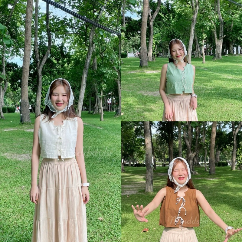 Minddstyle เสื้อผูกเชือกด้านหน้า เสื้อแขนกุด เสื้อครอปแขนกุด ผ้าฝ้ายแฟชั่น เสื้อผ้าฝ้ายแขนกุด