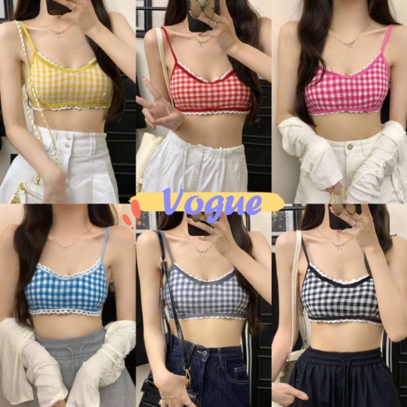 Vogue พร้อมส่ง บราสายเดี่ยว มีฟองน้ำ สม๊อคด้านหลัง ดีเทลลายสก๊อต (FY756)