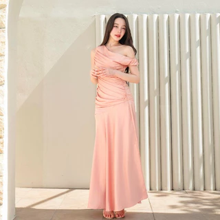 Pirunya - Long Dress 18 เดรสยาว ไหล่เดียว แขนกุด จับเดรป รูดเฉลียง กระโปรงระบาย