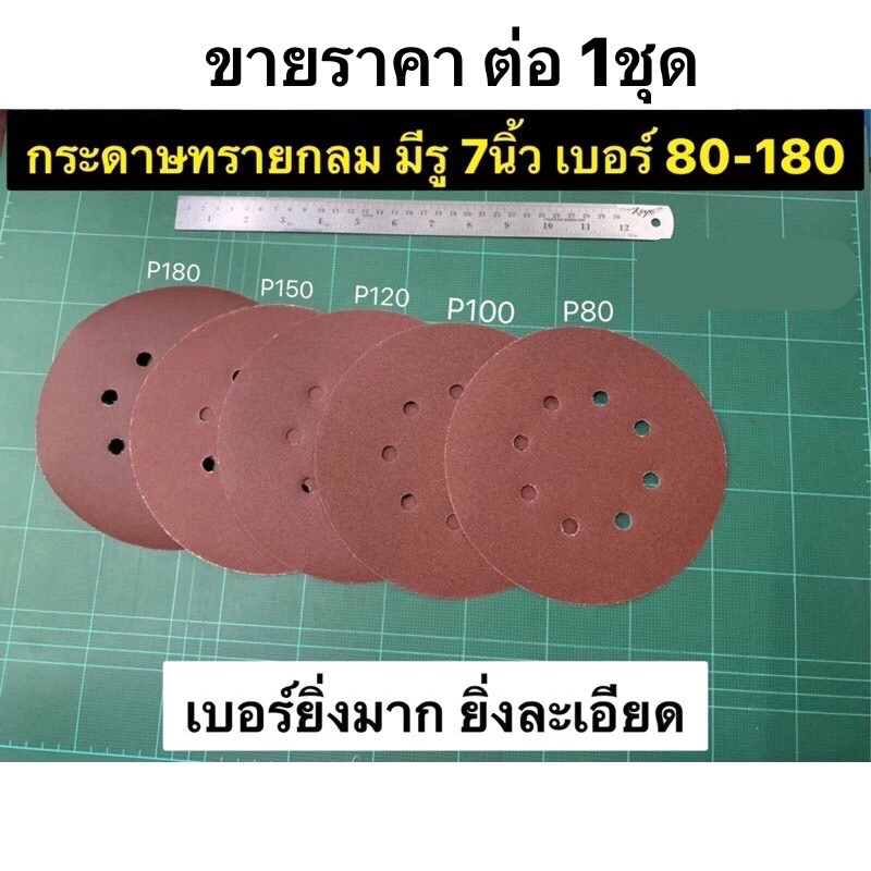 กระดาษทรายกลม มีรู 7นิ้ว เบอร์ 80 100 120 150 180 ราคาต่อ 1ชุด (1ชุดมี5แผ่น) หนามเตย หลังสักหลาด กระดาษทรายตีนตุ๊กแก