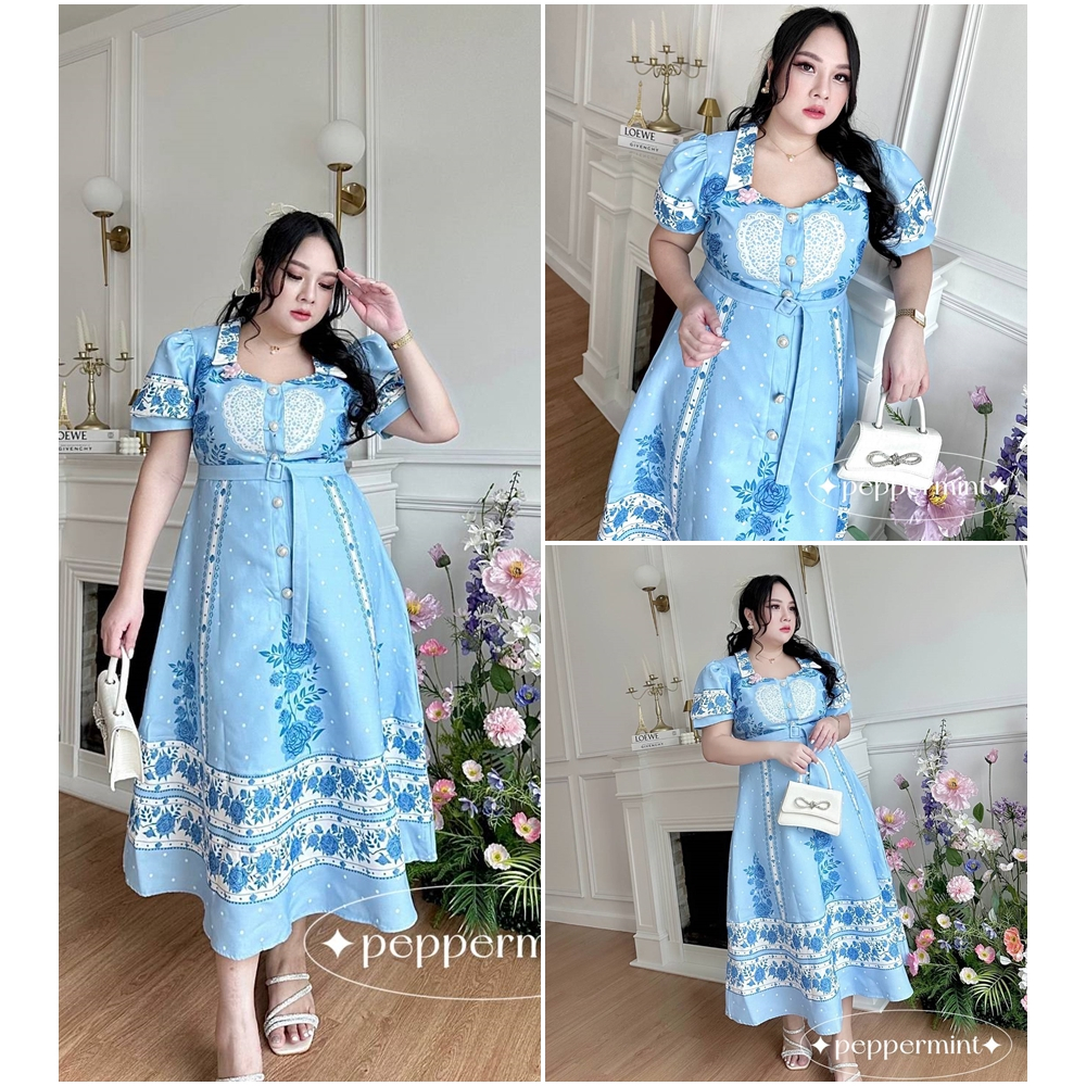 เดรสลายกุหลาบสีฟ้า สวยสไลต์ลูกคุณ เรียบหรูไฮโซ สวยเปะเวอร์ ใส่เที่ยว ใส่ได้หลายโอกาส เดรสสาวอวบ เสื้อผ้าสาวอวบ พลัสไซส์