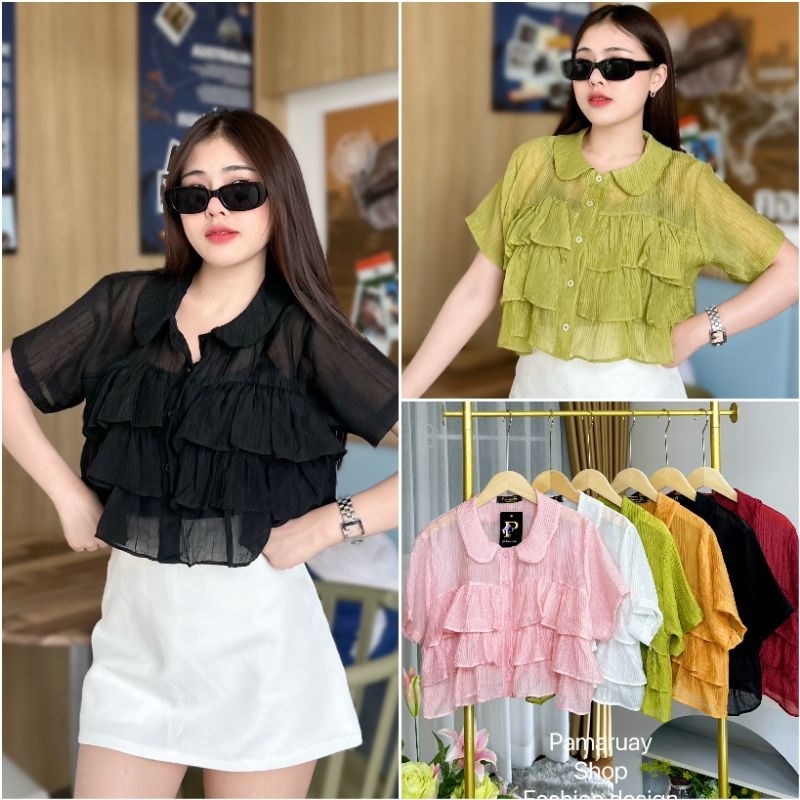 เสื้อครอป แต่งระบายขนมชั้นผ้าโรซี่