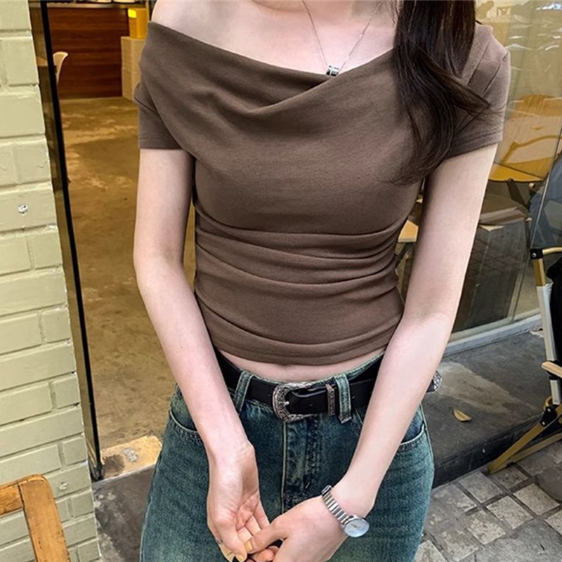 เอว Retraction จีบด้านบนคอวี Bottoming เสื้อผู้หญิงอเนกประสงค์แขนสั้นเสื้อยืด BF