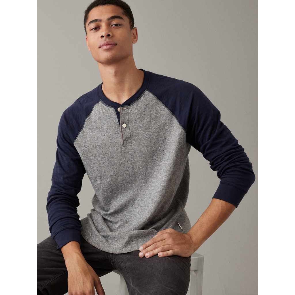 American Eagle เสื้อยืดผู้ชาย K-3369 LS DUOFOLD HENLEY RAGLAN สี NAVY - 017-3369-410