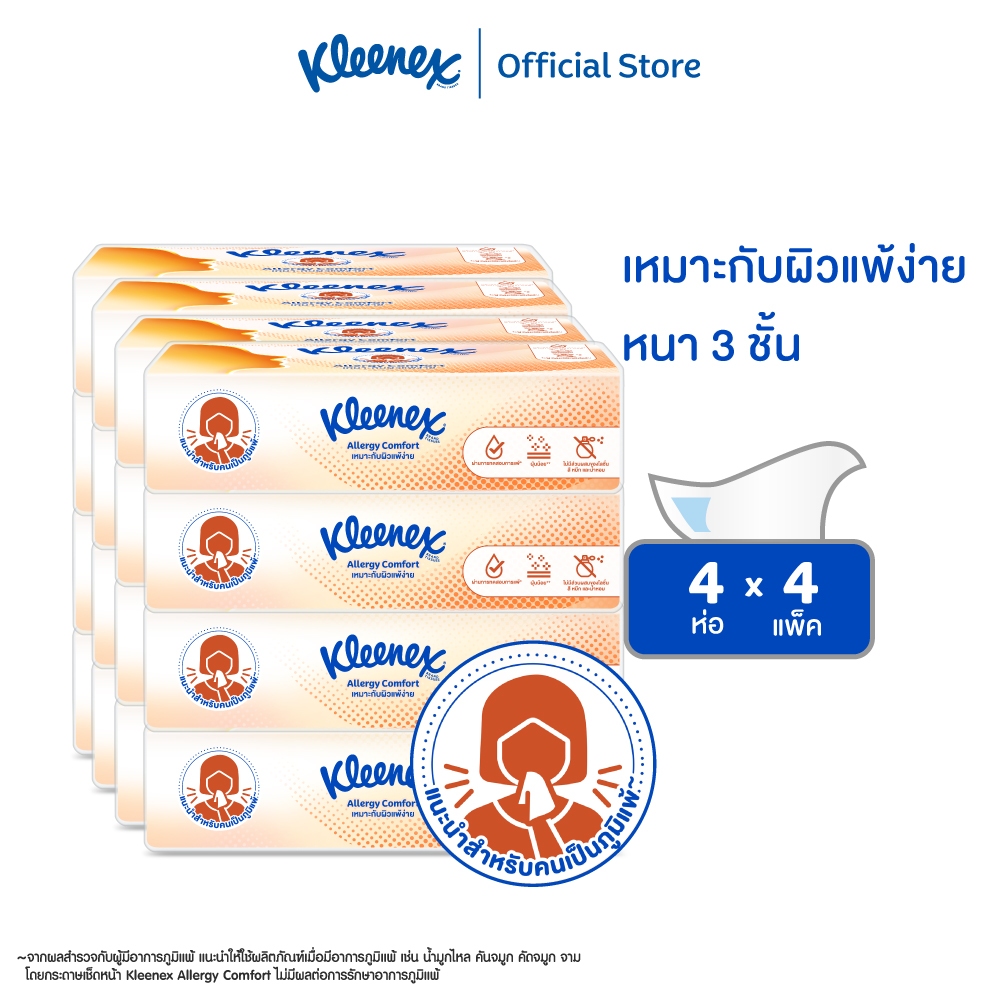 กระดาษเช็ดหน้า คลีเน็กซ์ ® เอเลอร์จี คอมฟอร์ท ซอฟท์ บ๊อกซ์ 68แผ่น 4 ห่อ x4  Kleenex® Allergy Comfort Soft Box 68sheet x4