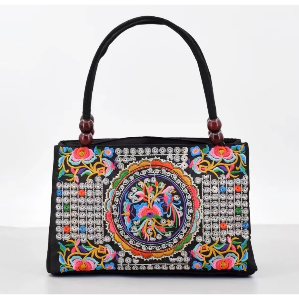 กระเป๋าถือปักลายสองด้านสไตล์ชาติพันธุ์ กระเป๋าถือสไตล์ย้อนยุค ดีไซน์ช่องเก็บของสองช่อง ใส่ของได้เยอะ - รูปที่ 3