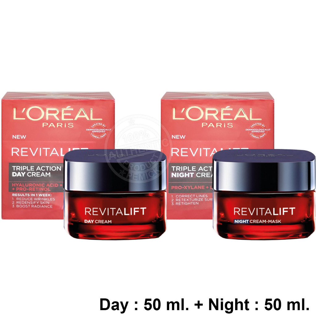 (แพ็คคู่) L'Oreal Paris Revitalift Triple Action Day + Night Cream ขนาด 50 มล. ลอรีอัลปารีสรีไวทัลลิฟท์ทริปเปิลแอคชั่นเด