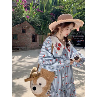 🍒🍒 เดรสริ้วฟ้าขาวลายเชอรี่ ทรงคอปกแหลม ปกปักเชอรี่