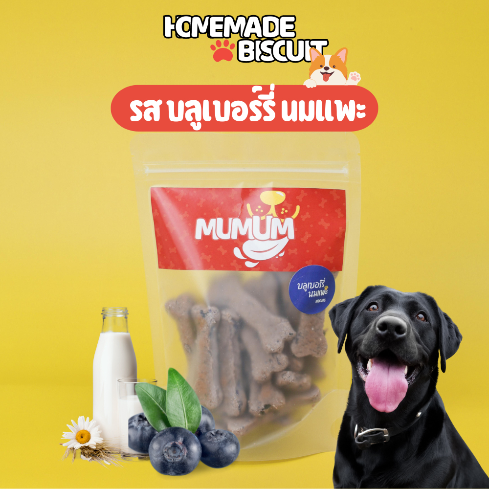 บิสกิตโฮมเมดสำหรับสุนัข รสบลูเบอร์รี่และนมแพะ ขนมสำหรับสุนัข ขนาด 100g