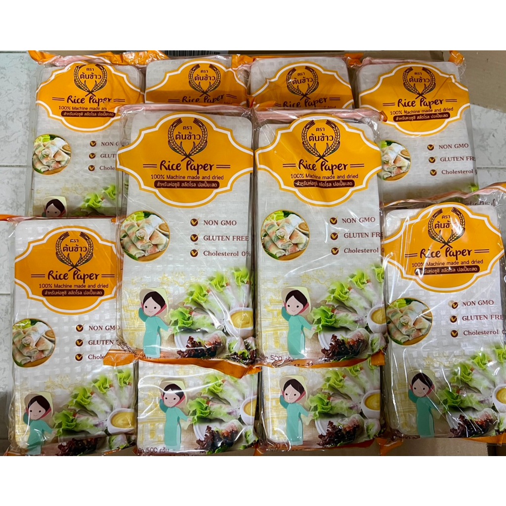 ( 10 แพ็ค ) แผ่นแป้งตราต้นข้าว แผ่นแป้งสลัดโรล หรือ ใบเมี่ยงตราต้นข้าว แบบตัดครึ่ง ขนาด 11 x 22 เซน ถุงละ 500 กรัม