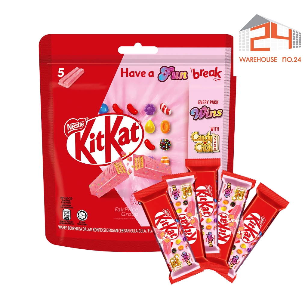 ส่งไว 24ชม. Kit Kat Strawberry Flavoured Candy Crush คิทแคท สตรอเบอร์รี่ แคนดี้ ครัช 17g. จุ 5 ซอง เวเฟอร์คิทแคท เวเฟอร์