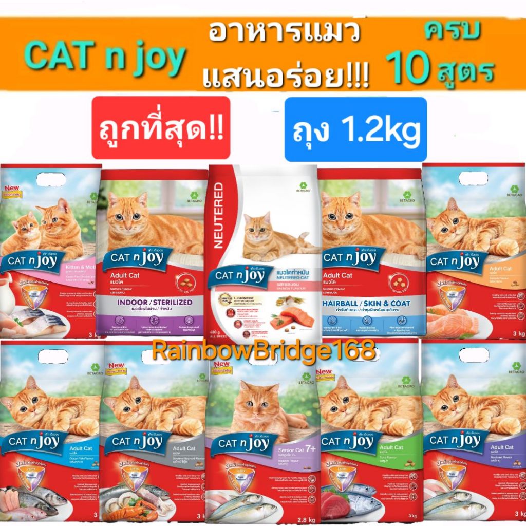Cat n joy 1.2kg แค็ท เอ็นจอย อาหารแมว แสนอร่อย ครบ 10 สูตร Neutered Hairball ทำหมัน รสแซลมอน คุณภาพ ถุงขนาด 1.2 กก