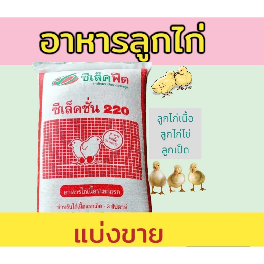 แบ่งขาย 20 กิโลกรัม อาหารลูกไก่ อาหารไก่เนื้อ ระยะแรกเกิด – 3 สัปดาห์ ซีเล็คชั่น 220  โปรตีน 21%
