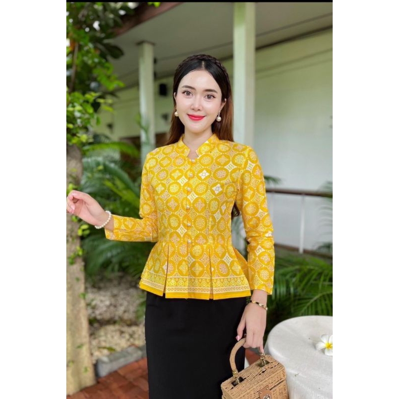เสื้อผ้าไทยลายดอกรักราชกัญญาแขนบาวไม่อัดกาว