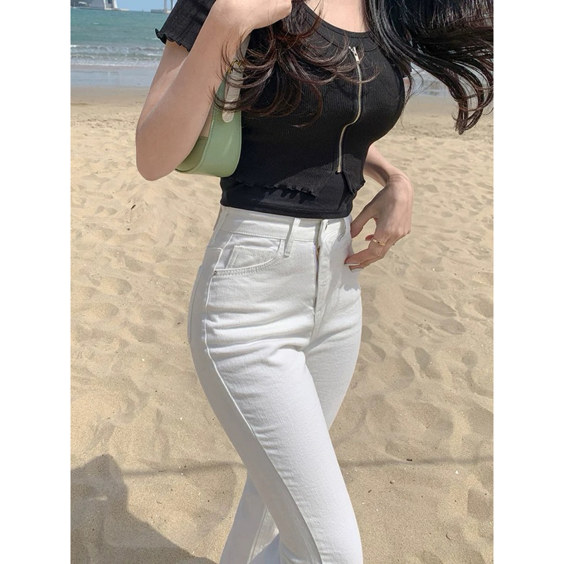 กางเกงยีนส์ขาม้าสีขาวผ้ายืด