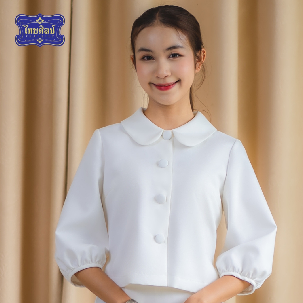 เสื้อคอปกบัวปลายแขนพอง สีขาว