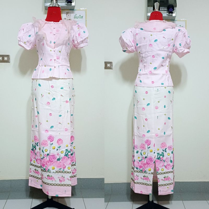 ป้าย Chalita เซ็ตเสื้อแขนตุ๊กตาแต่งระบายผ้าแก้ว พร้อมกระโปรงลายกุหลาบ